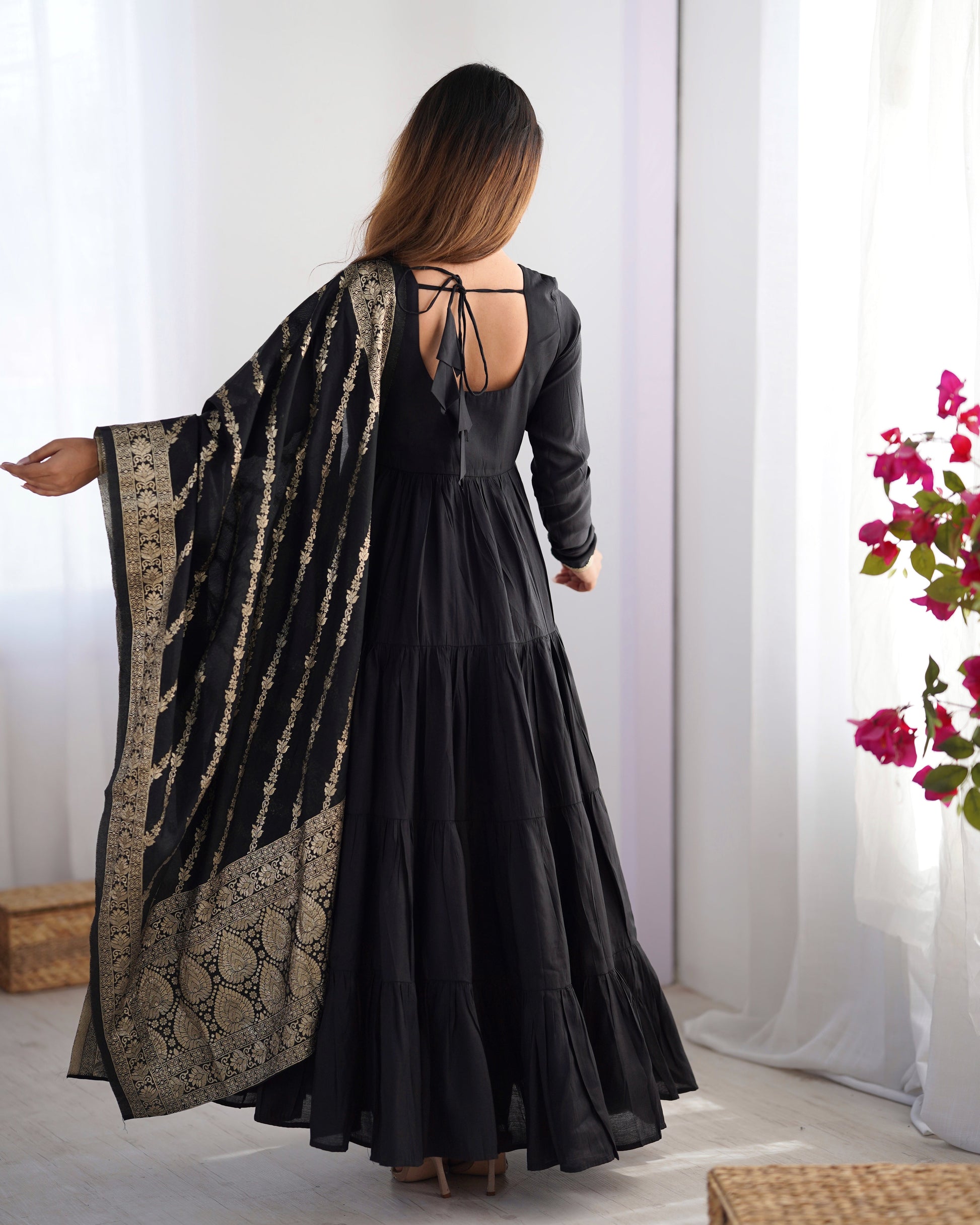 Lorenvalley Women Pure Roman silk Chanderi Fabric Layer Gathering Anarkali Kurta Pant With Dupatta Set 