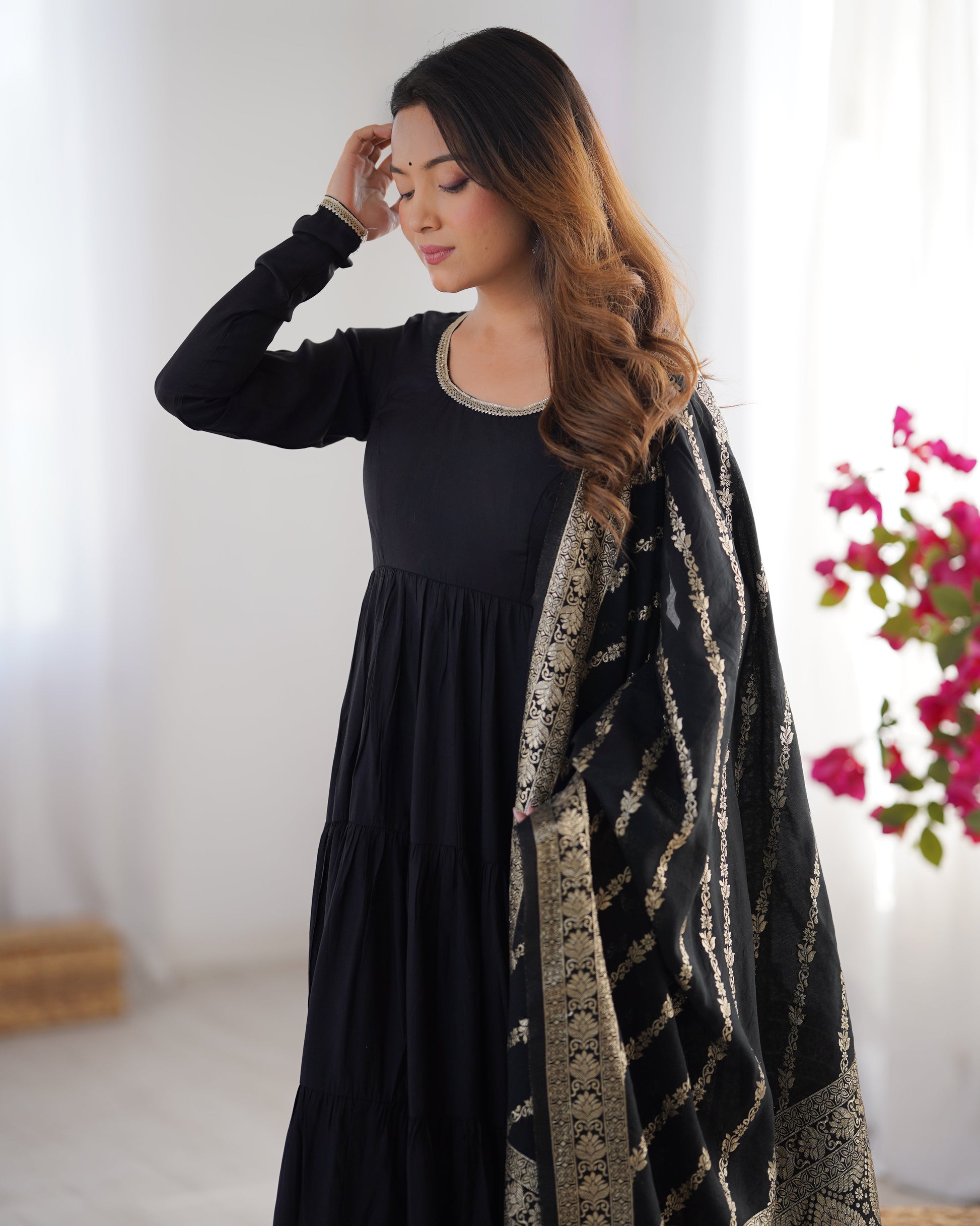 Lorenvalley Women Pure Roman silk Chanderi Fabric Layer Gathering Anarkali Kurta Pant With Dupatta Set 