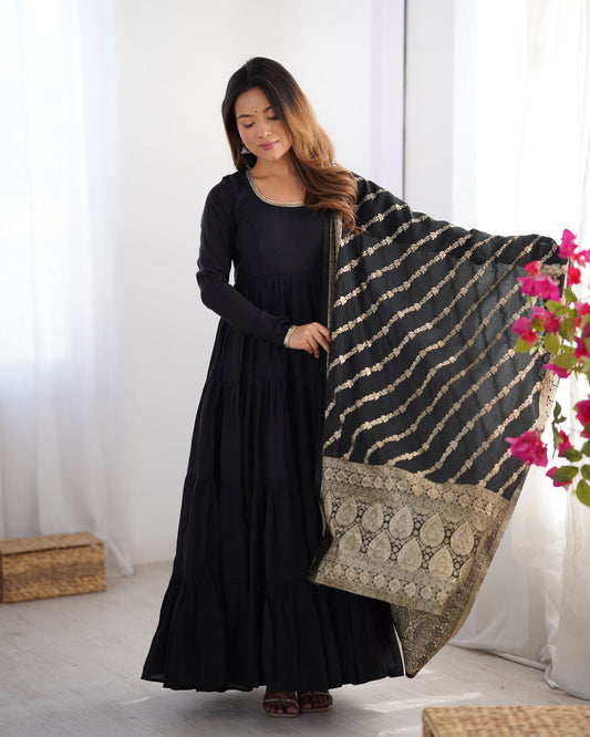 Lorenvalley Women Pure Roman silk Chanderi Fabric Layer Gathering Anarkali Kurta Pant With Dupatta Set 