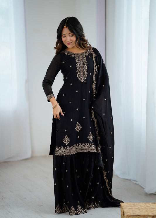 Lorenvalley Black Soft Crunchy Silk with Embroidery Sequence and Jari Work Kurta Palazzo with Dupatta 