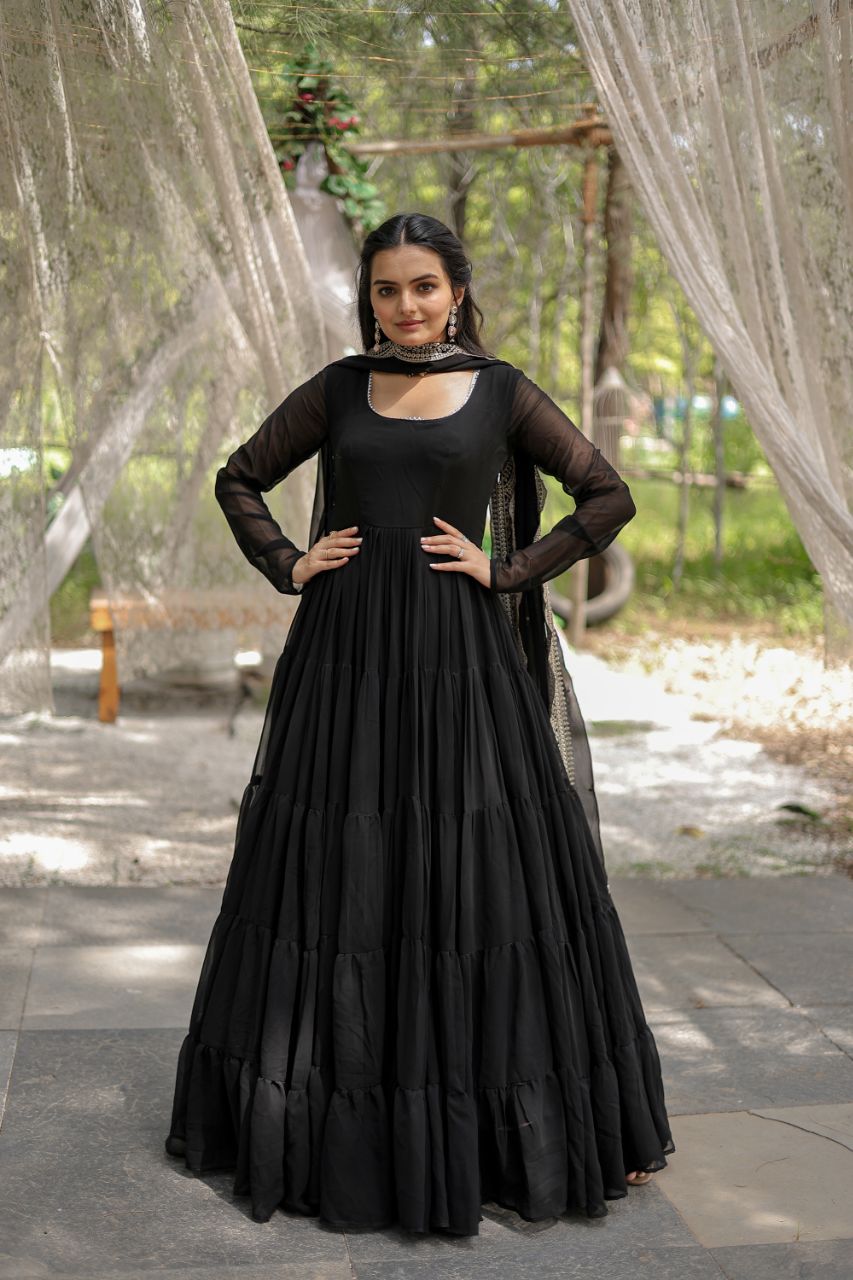 Evanik Black Faux Blooming Gown With Dupatta With Rich Sequins Embroidered work