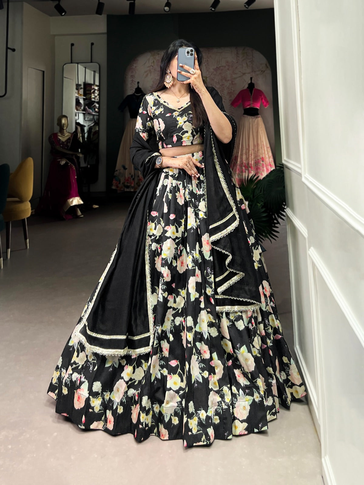 Lorenvalley Black Tussar Silk Floral Printed Lehenga Choli 