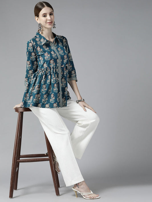 Yufta Blue Floral Print Top  Grab2Buy Yufta Grab2Buy