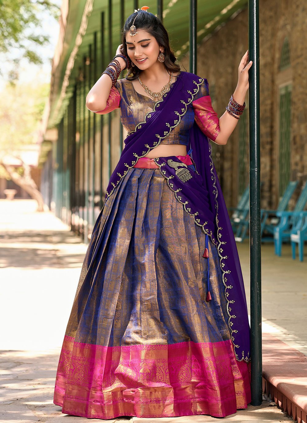 Lorenvalley Blue Kanjivaram Silk Zari Weaving Lehenga Choli with Dupatta 