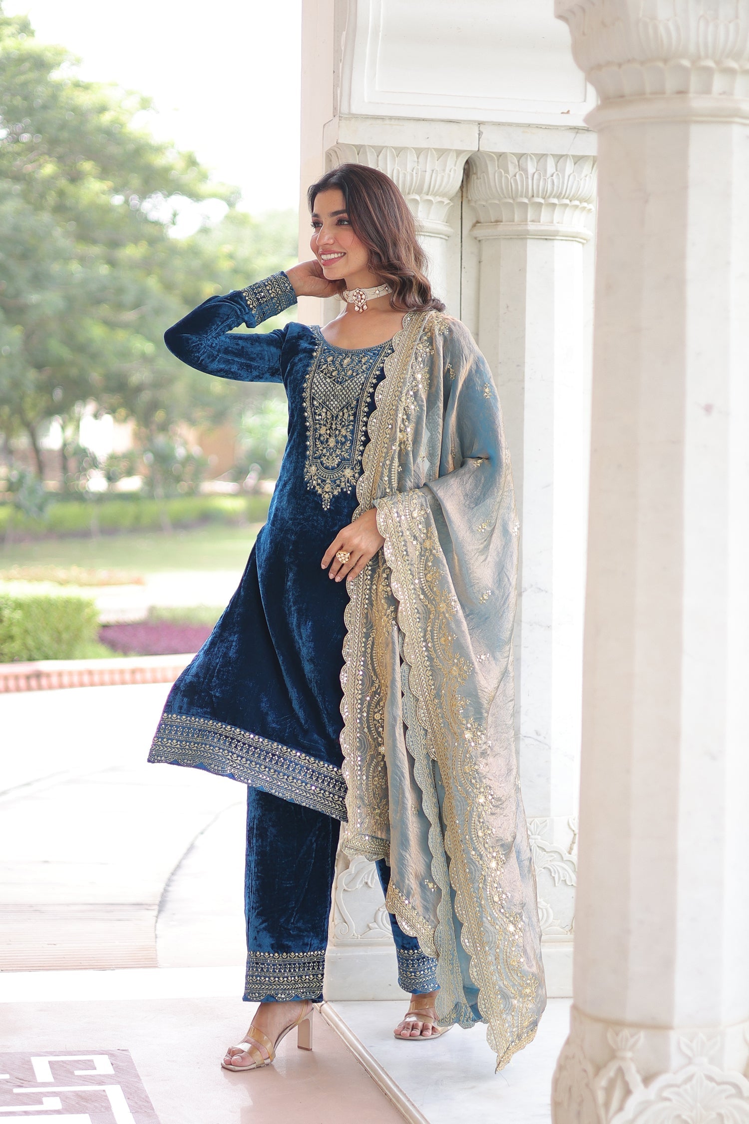Lorenvalley Fashion Blue Velvet with Rich Sequins & Zari Embroidered work Kurta Pant with Dupatta 