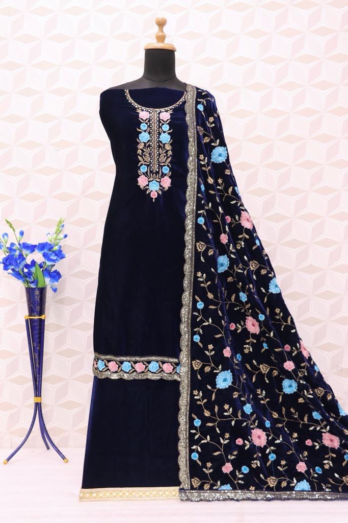 Lorenvalley Fashion Women Blue Velvet Embroidered Salwar Suit Material