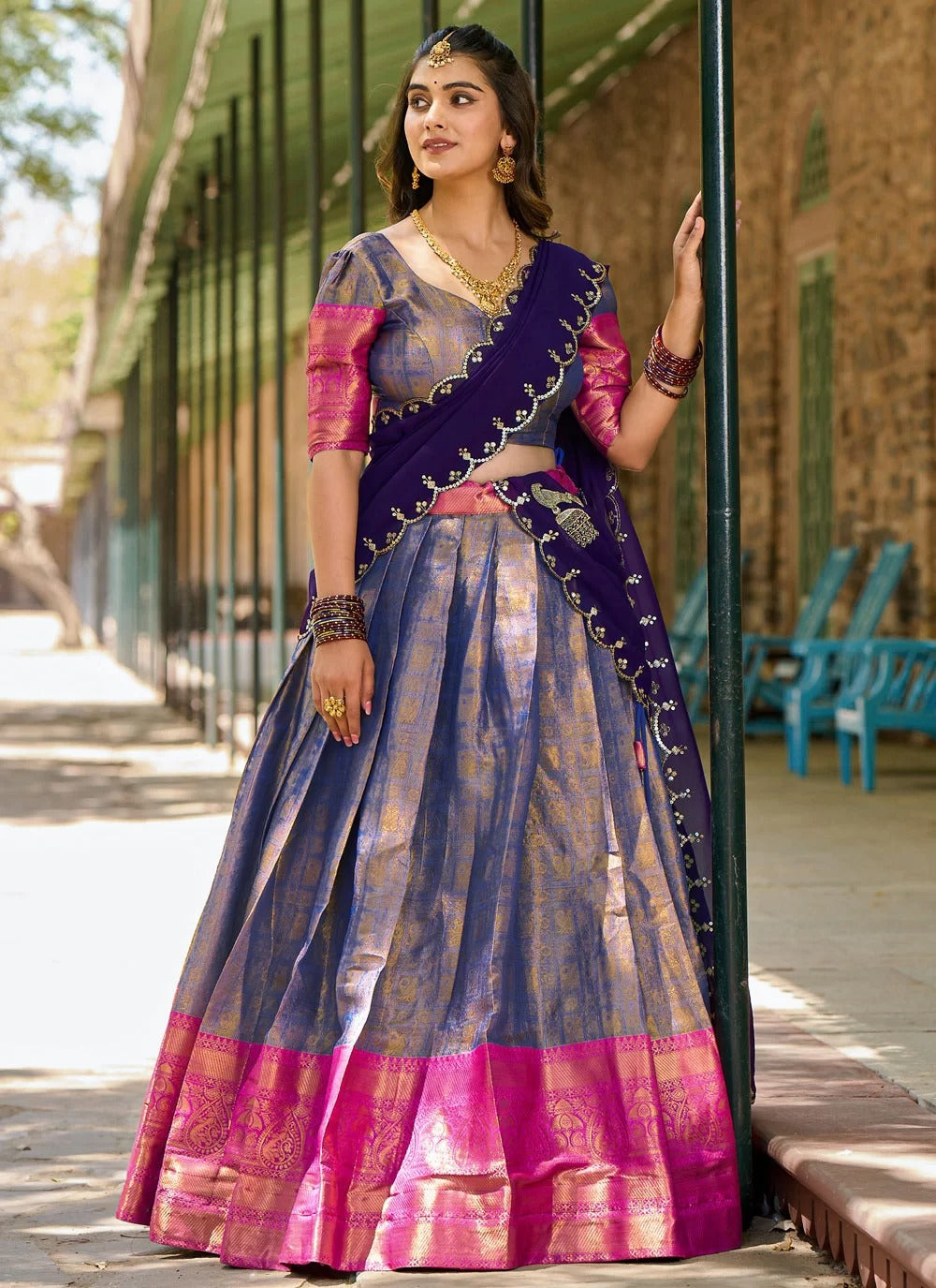 Lorenvalley Blue Kanjivaram Silk Zari Weaving Lehenga Choli with Dupatta 
