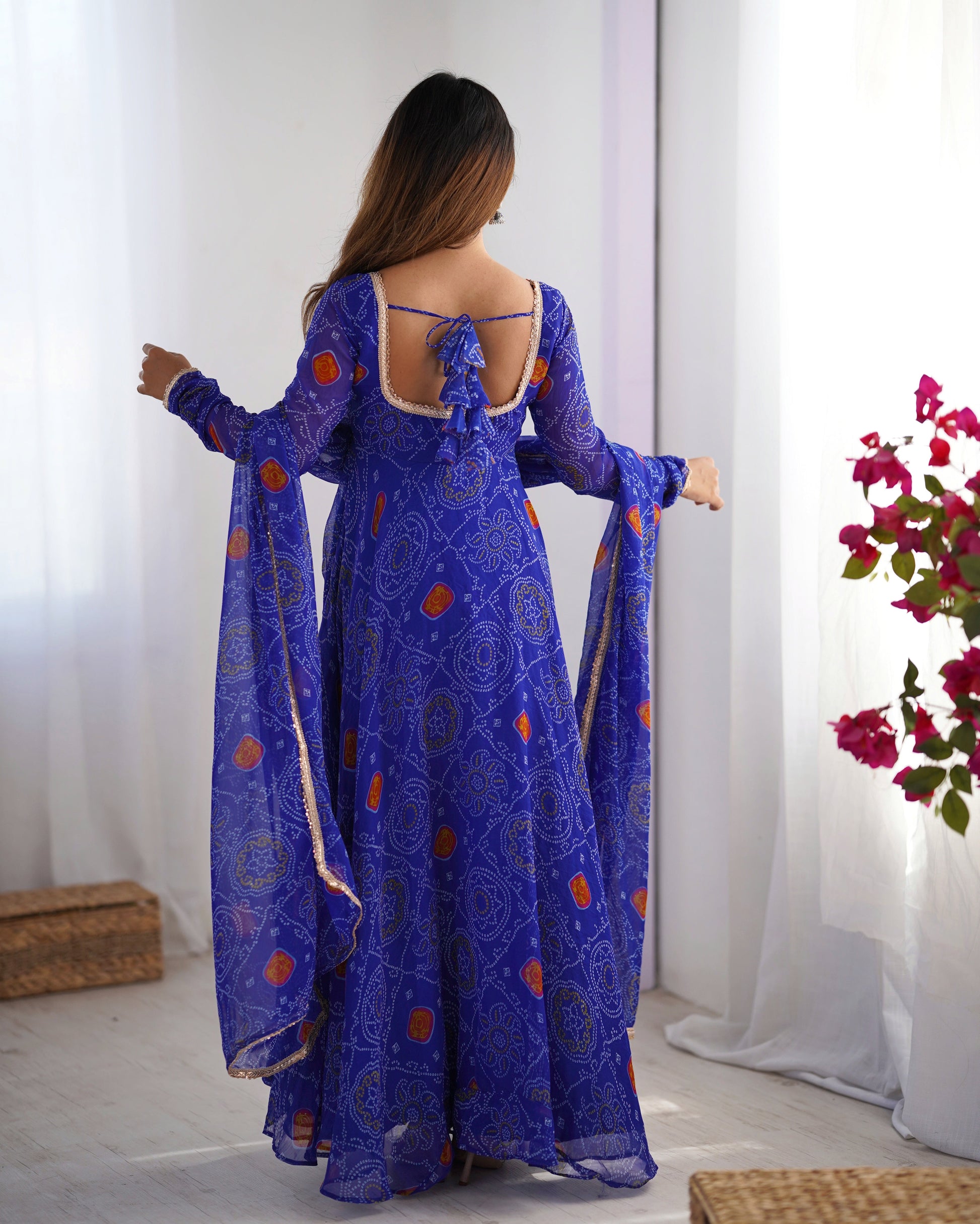 Lorenvalley Women Soft Lightweight Chiffon Bandhej Print Fabric Anarkali Kurta Pant With Dupatta Set
