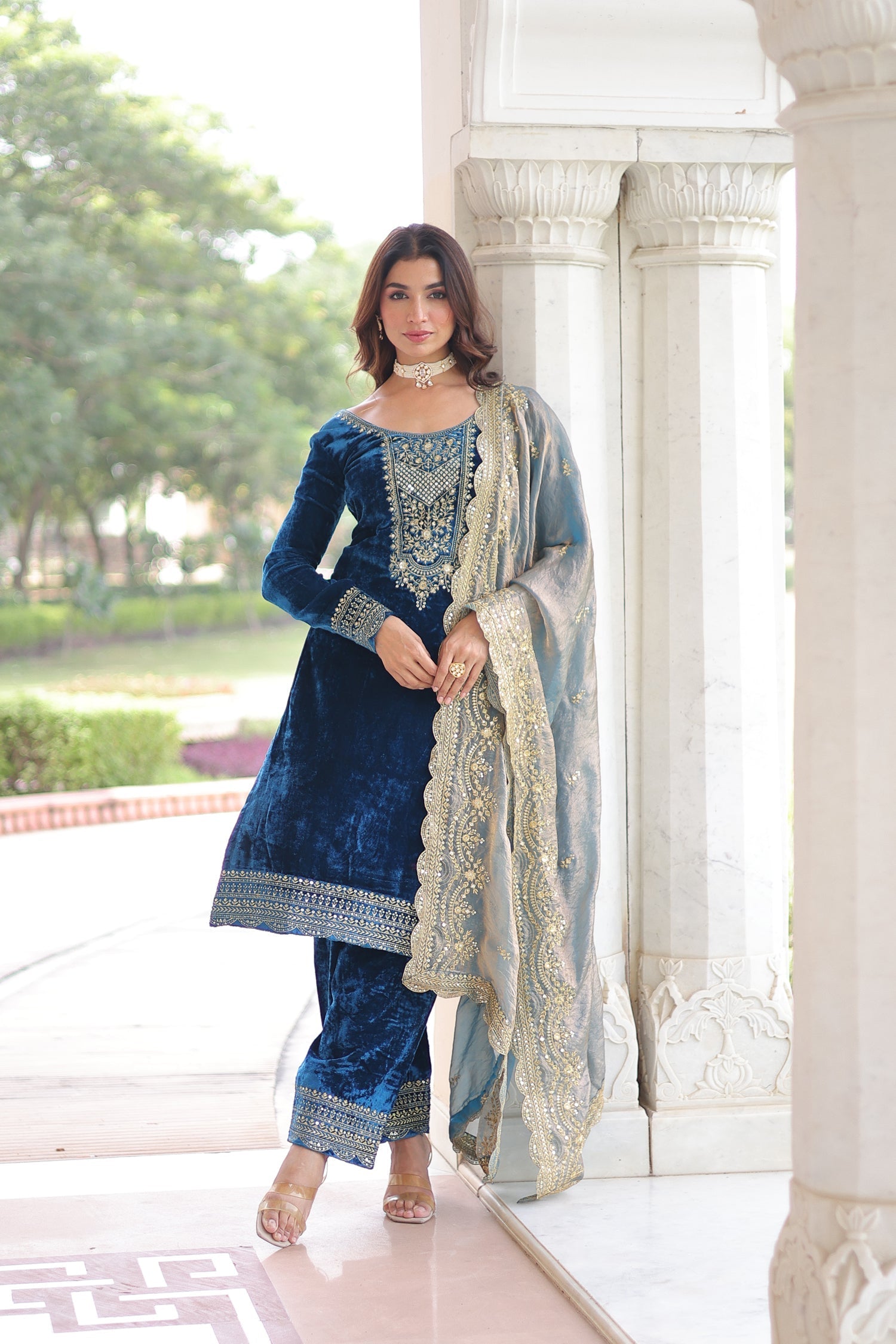 Lorenvalley Fashion Blue Velvet with Rich Sequins & Zari Embroidered work Kurta Pant with Dupatta 