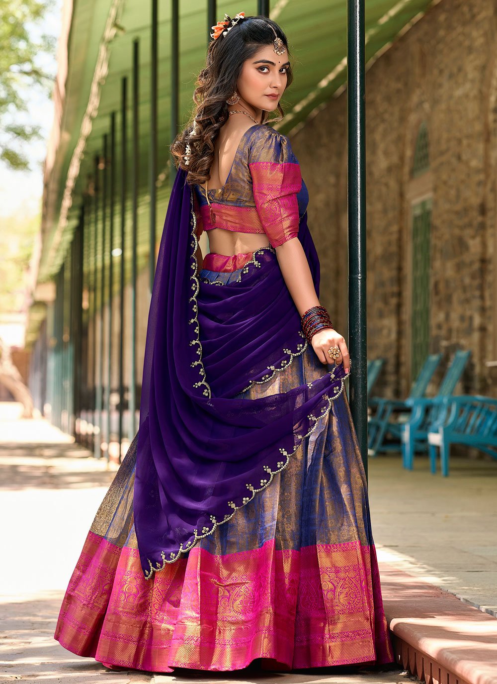 Lorenvalley Blue Kanjivaram Silk Zari Weaving Lehenga Choli with Dupatta 