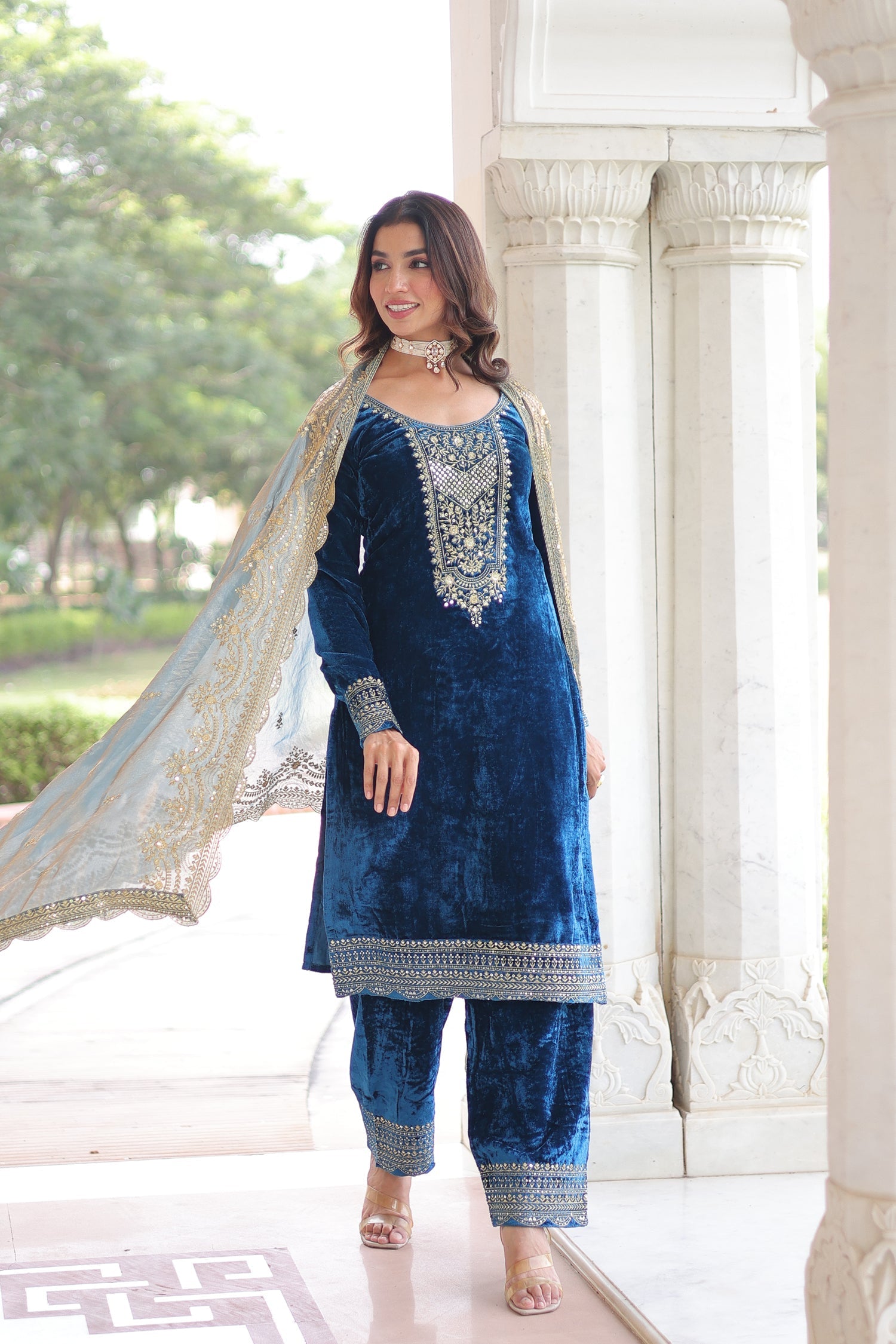 Lorenvalley Fashion Blue Velvet with Rich Sequins & Zari Embroidered work Kurta Pant with Dupatta 