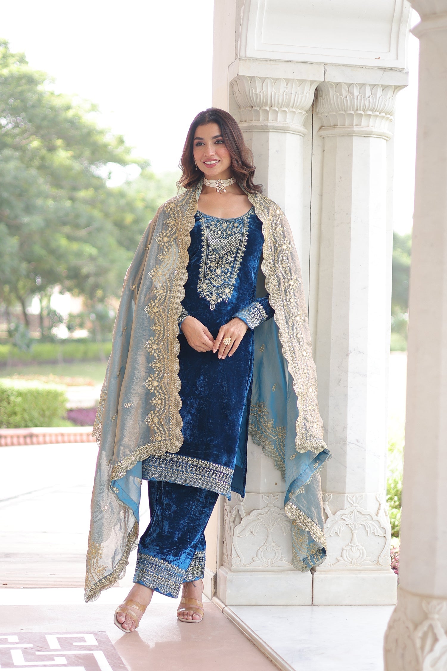 Lorenvalley Fashion Blue Velvet with Rich Sequins & Zari Embroidered work Kurta Pant with Dupatta 