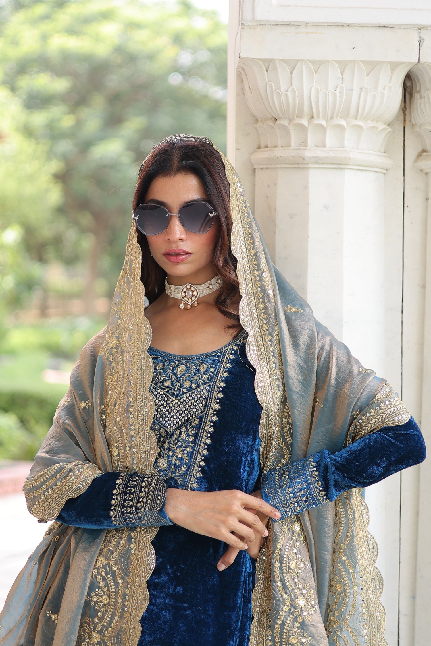 Lorenvalley Fashion Blue Velvet with Rich Sequins & Zari Embroidered work Kurta Pant with Dupatta 
