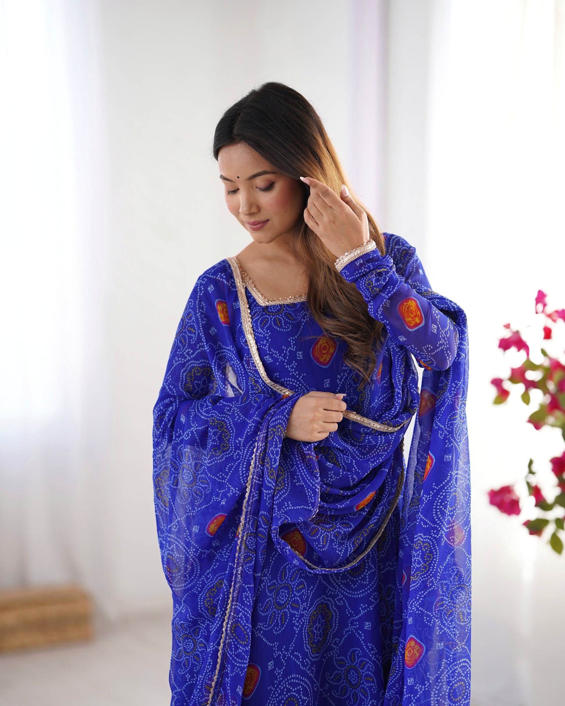 Lorenvalley Women Soft Lightweight Chiffon Bandhej Print Fabric Anarkali Kurta Pant With Dupatta Set