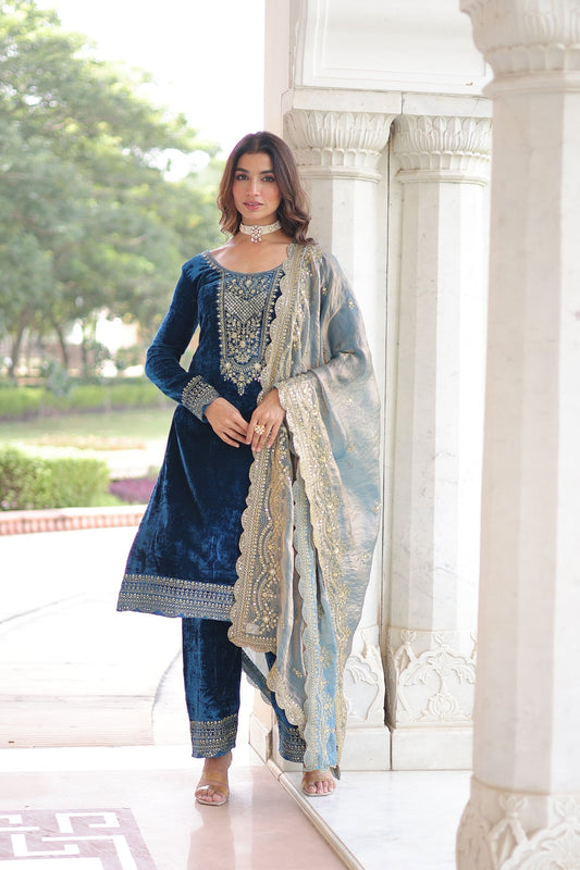 Lorenvalley Fashion Blue Velvet with Rich Sequins & Zari Embroidered work Kurta Pant with Dupatta 