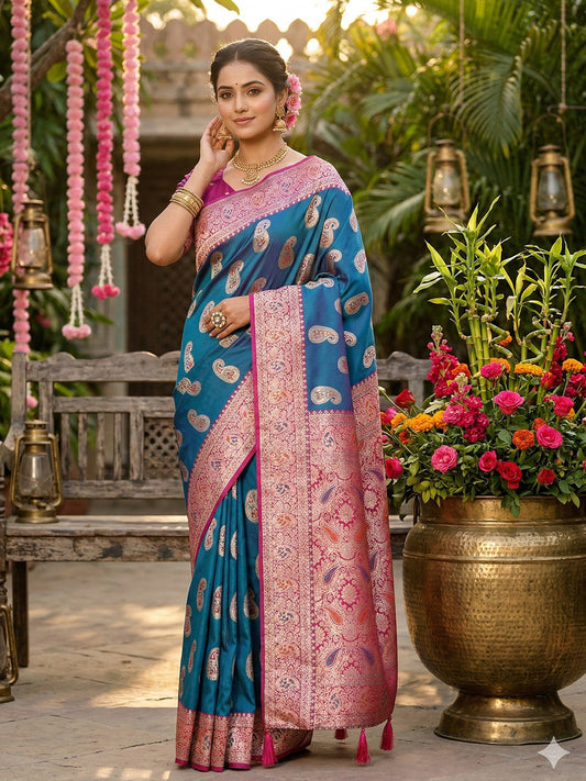 Anaita Blue Silk Blend Woven Saree With Blouse