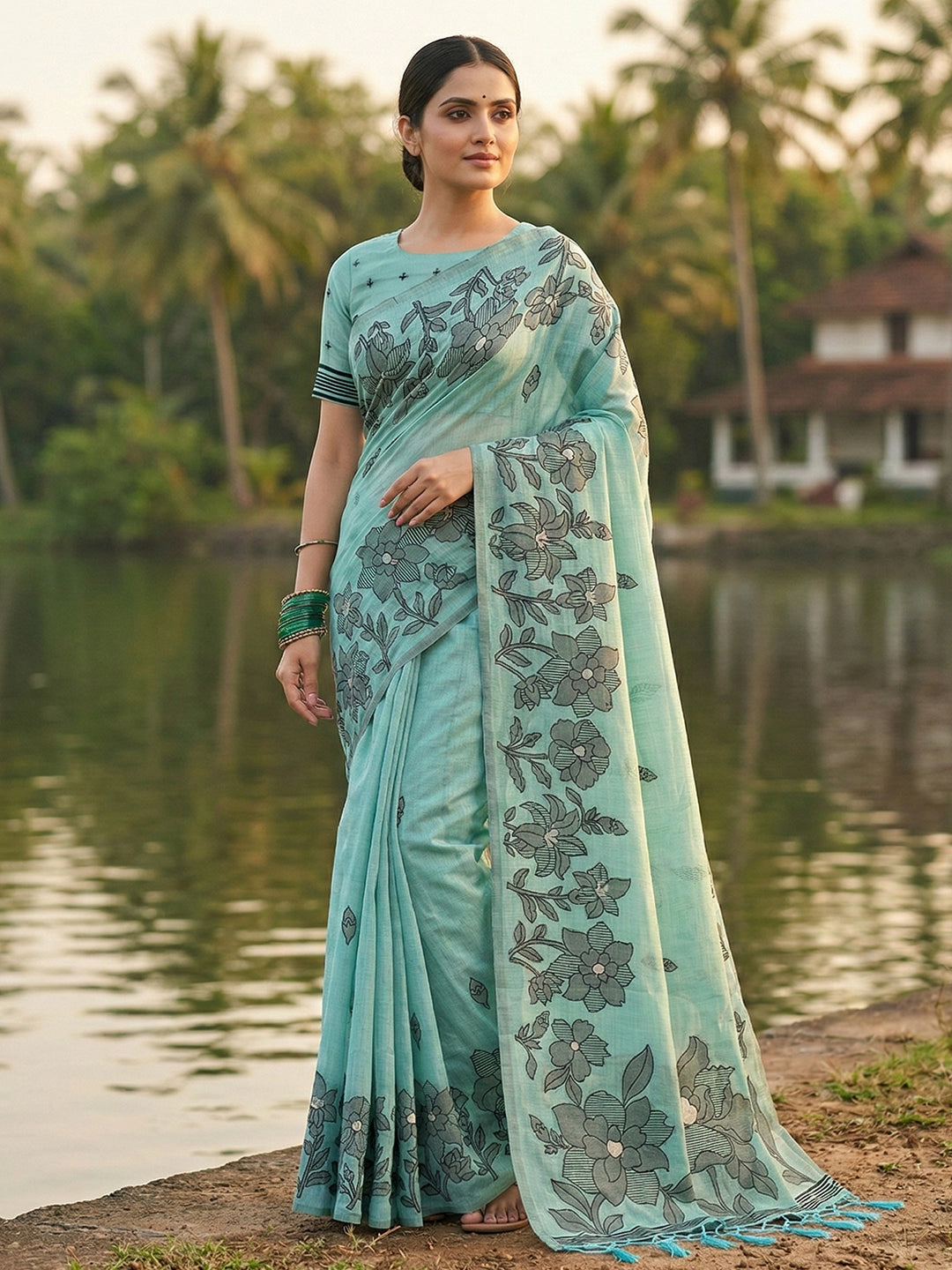 Anaita Blue Linen Printed Saree With Blouse