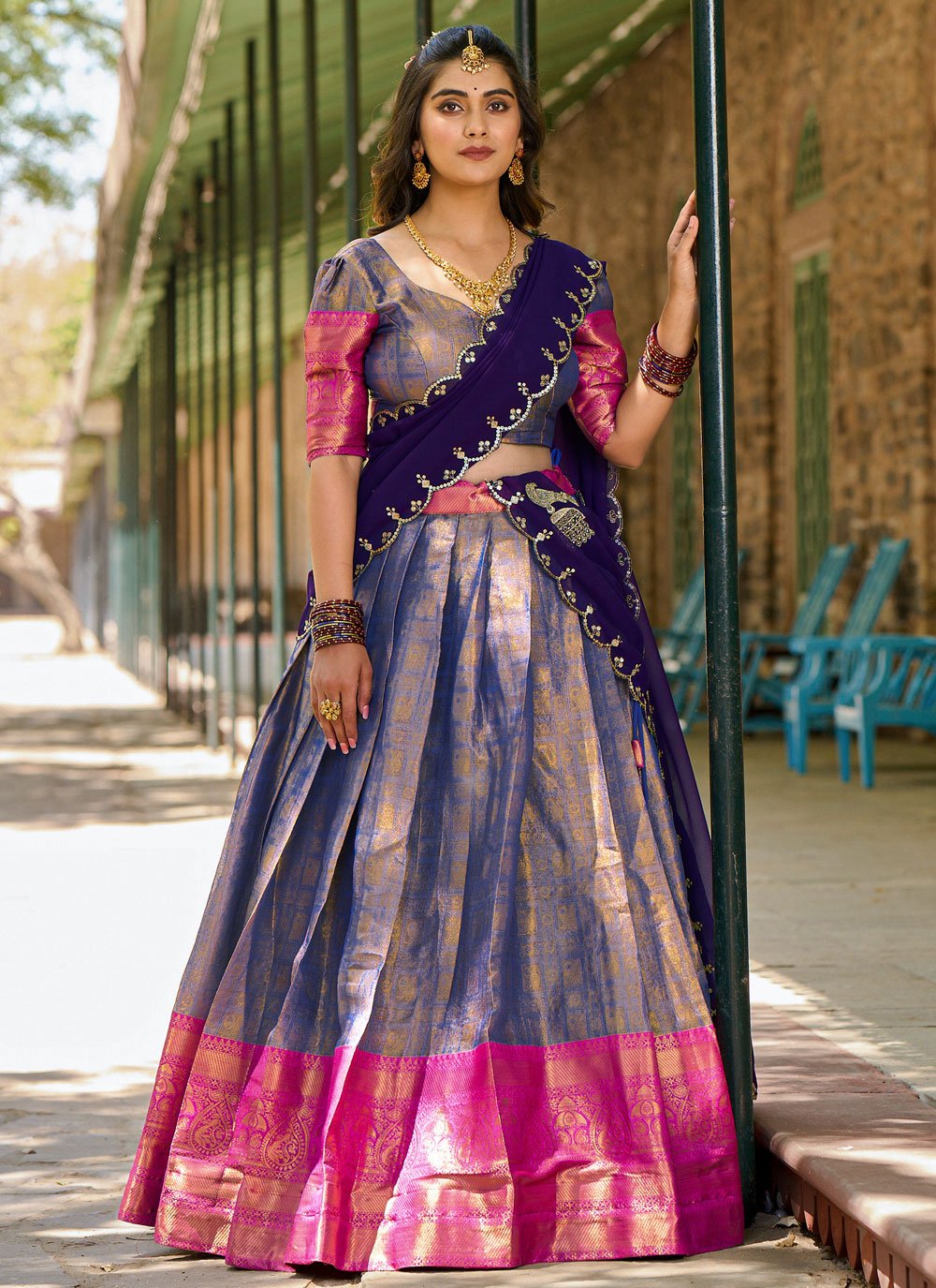 Lorenvalley Blue Kanjivaram Silk Zari Weaving Lehenga Choli with Dupatta 