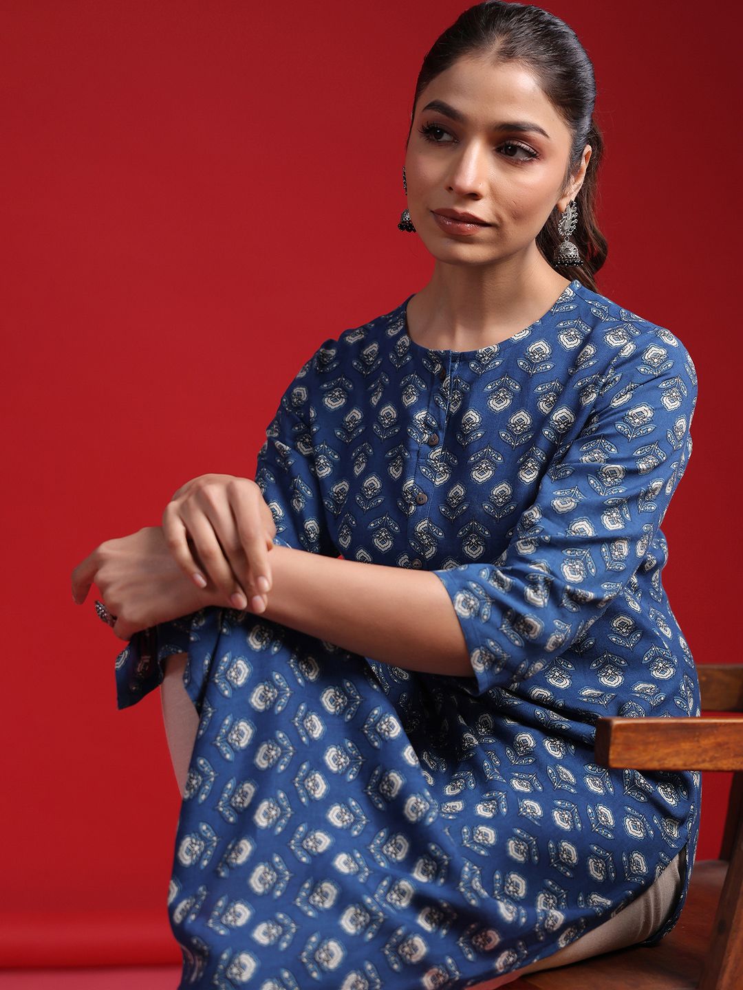 Indo Era Women Geometric Printed Thread Work Kurta