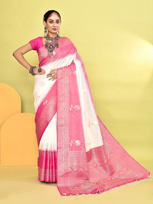 Joban Fashion White & Rani Pink Plain With Weaving Border Banarasi Silk Sarees | Swadesiicart