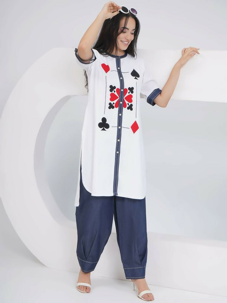 Joban Fashion White Rayon Crepe Applique Embroidered Shirt with Afghani Pants
