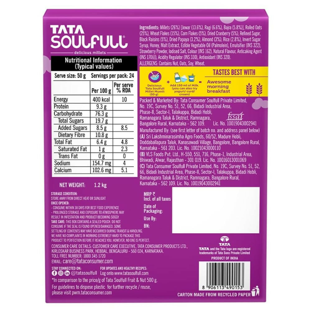 Tata Soulfull Millet Muesli Breakfast Cereals (Fruit & Nut) - Grab2buy