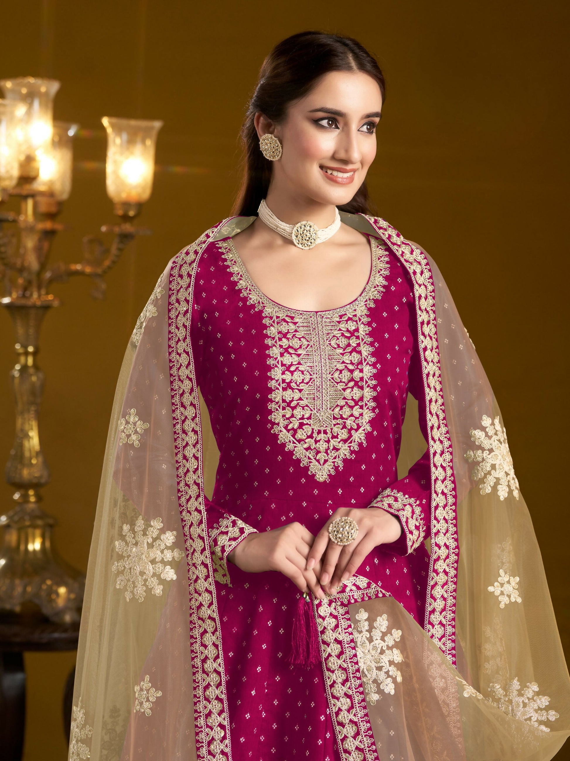 Anaita Rani Pink Embroidered Jacquard Chanderi Anarkali Suit