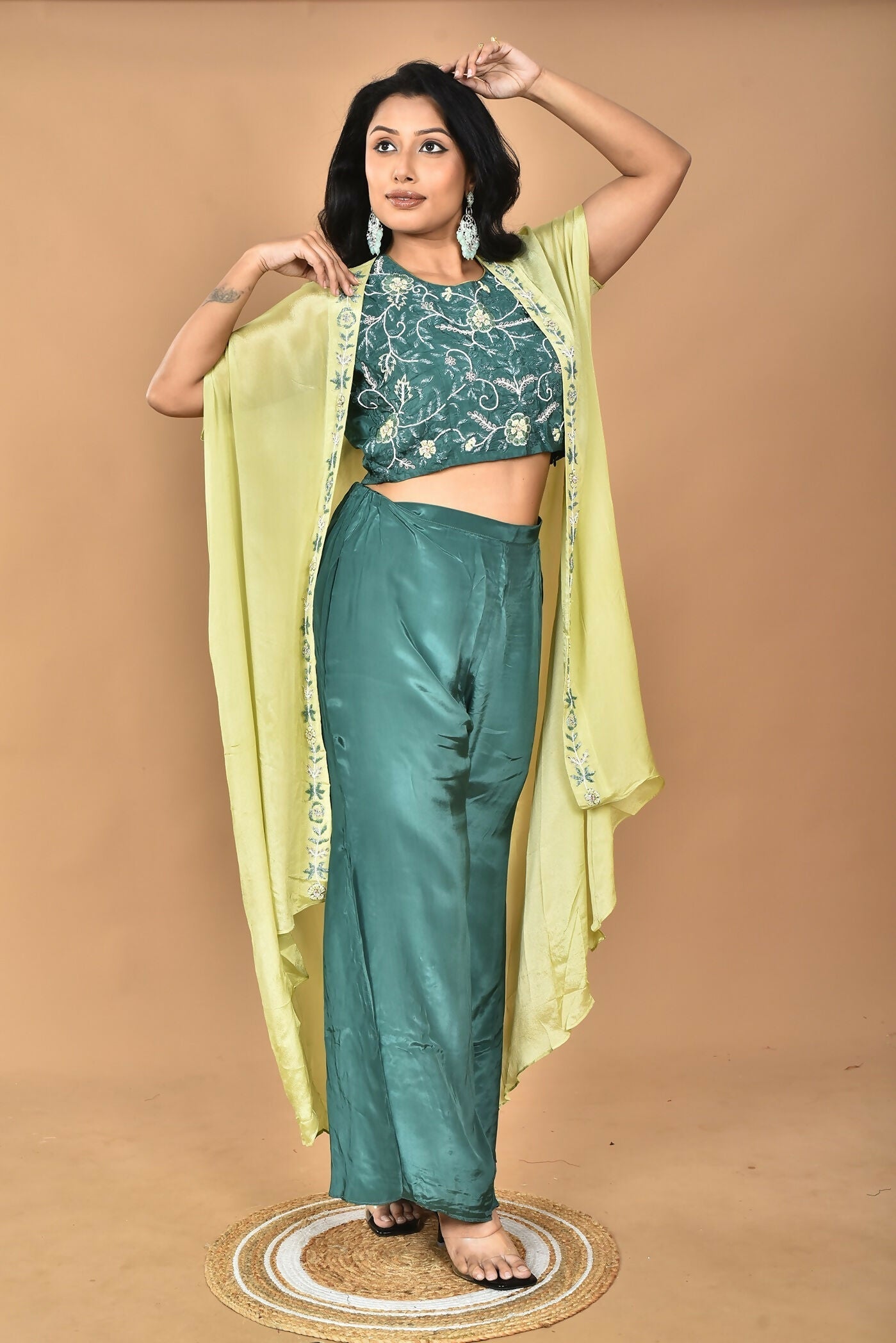 Morchari Women Hand Embroidery Crop Top-Green 