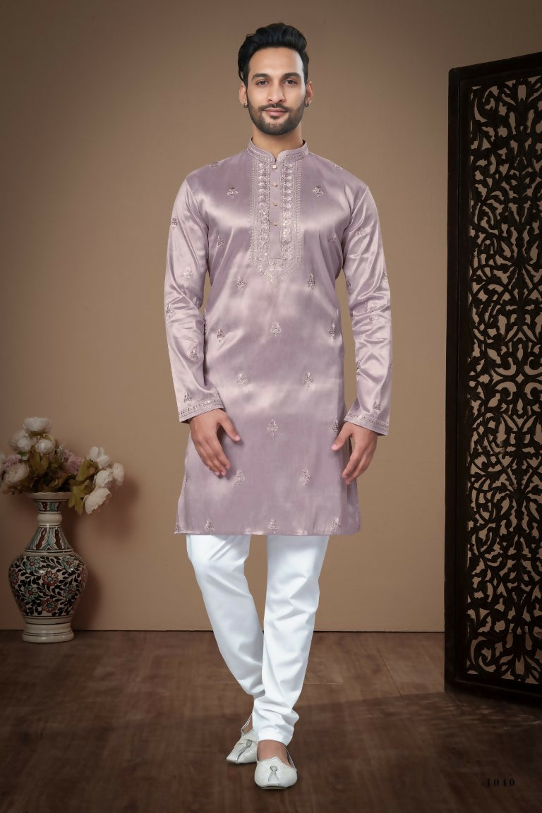 Functional Designer Men's Light Purple Heavy Super Silk Kurta With Pant - Rudra