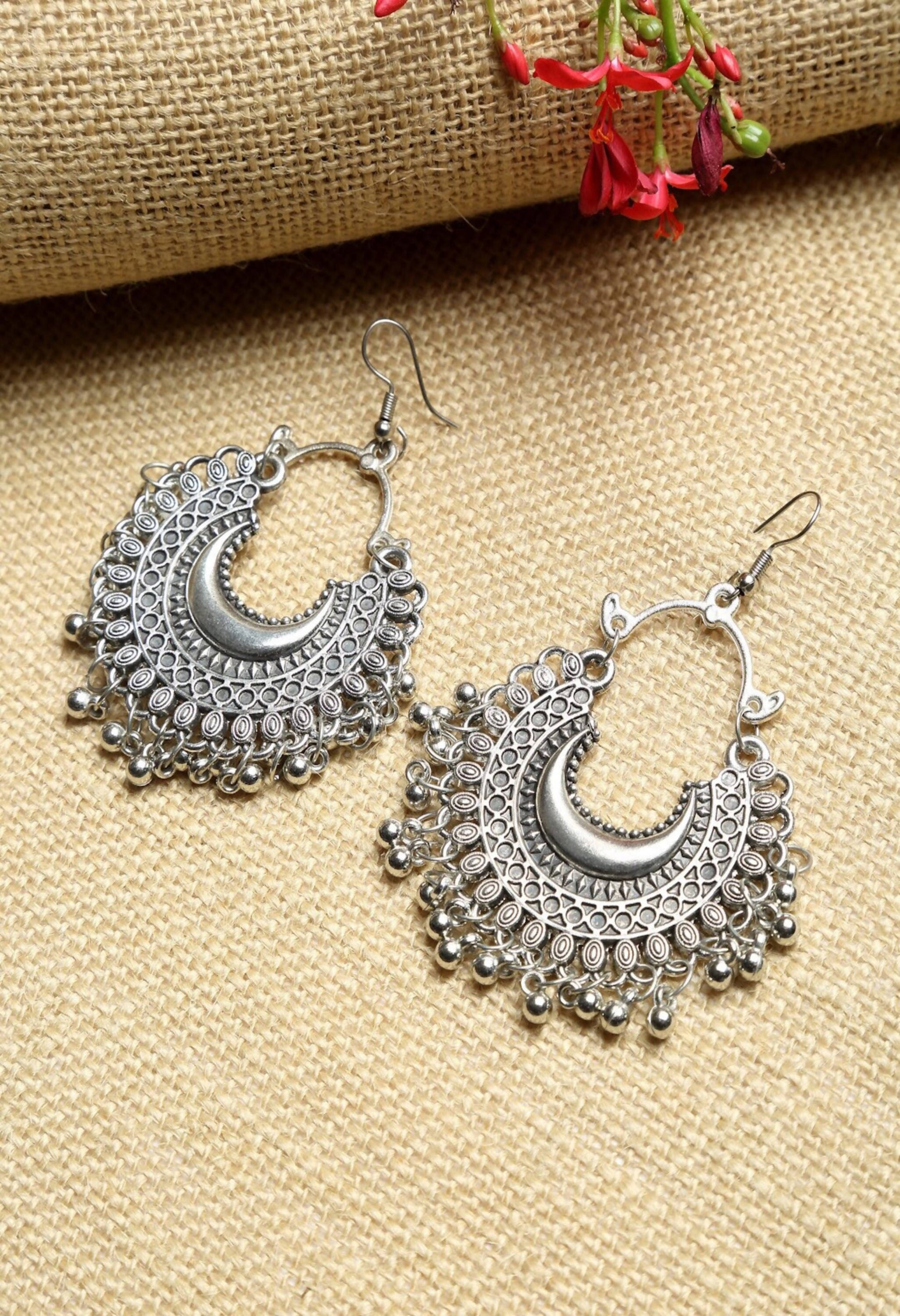 Mominos Fashion Johar Kamal Oxidised Silver-Plated Chandbali Earrings - Grab2buy