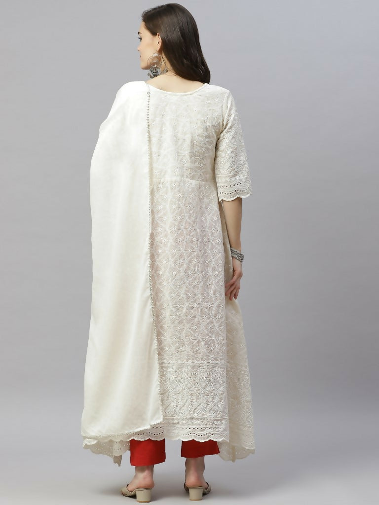 Miravan Women's Beige Embroidered Chikankari Kurta & Dupatta 