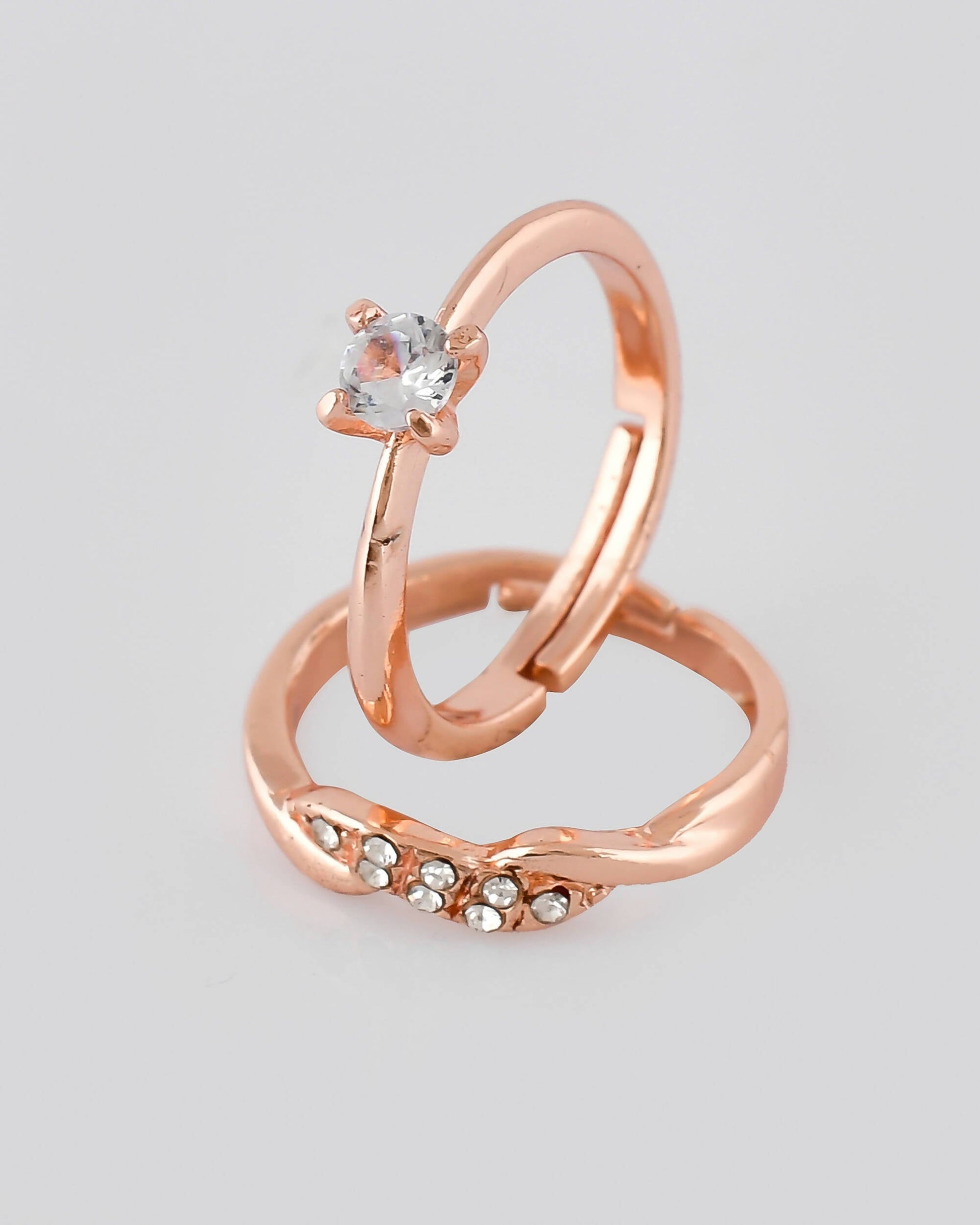 VOJ Stainless Steel Cubic Zirconia Rose Gold-Polished Adjustable Ring Set for Couple 