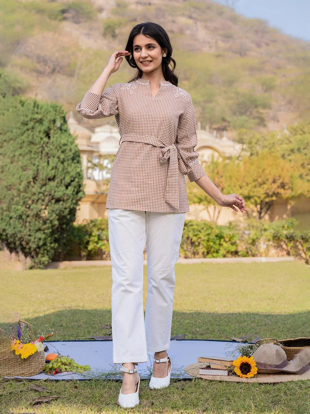 Yufta Brown Cotton Checks Embroidery Top  Grab2Buy Yufta Grab2Buy