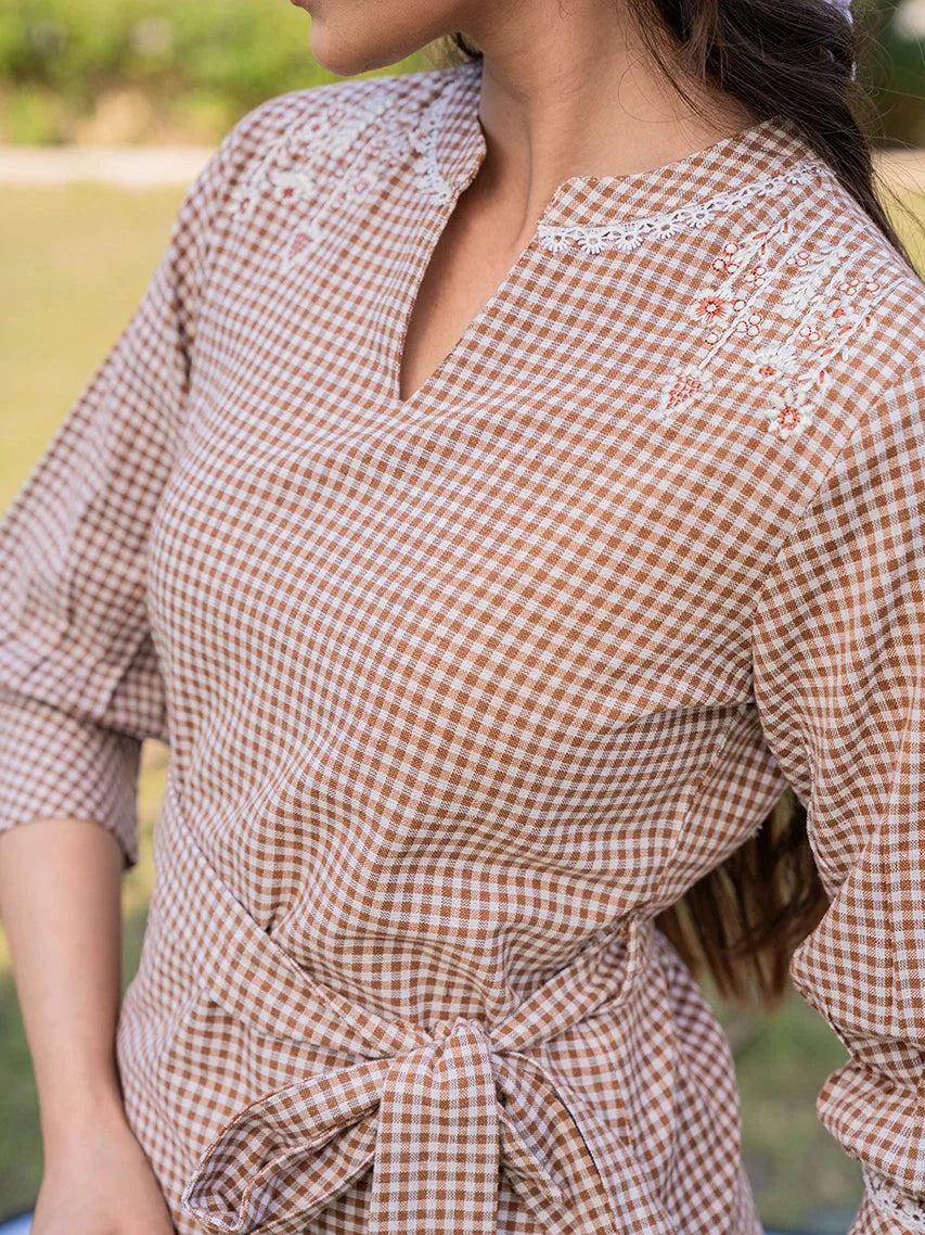 Yufta Brown Cotton Checks Embroidery Top  Grab2Buy Yufta Grab2Buy