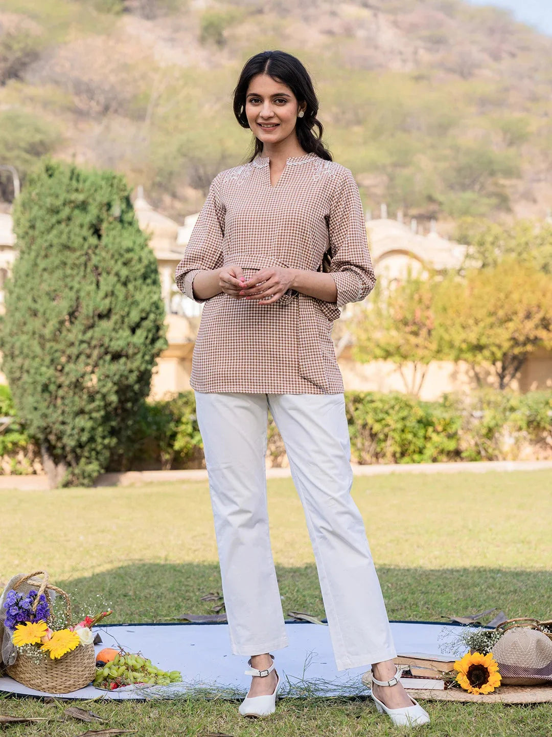 Yufta Brown Cotton Checks Embroidery Top  Grab2Buy Yufta Grab2Buy