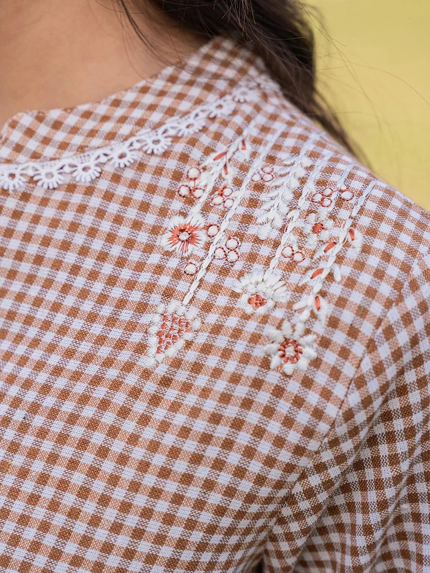 Yufta Brown Cotton Checks Embroidery Top  Grab2Buy Yufta Grab2Buy