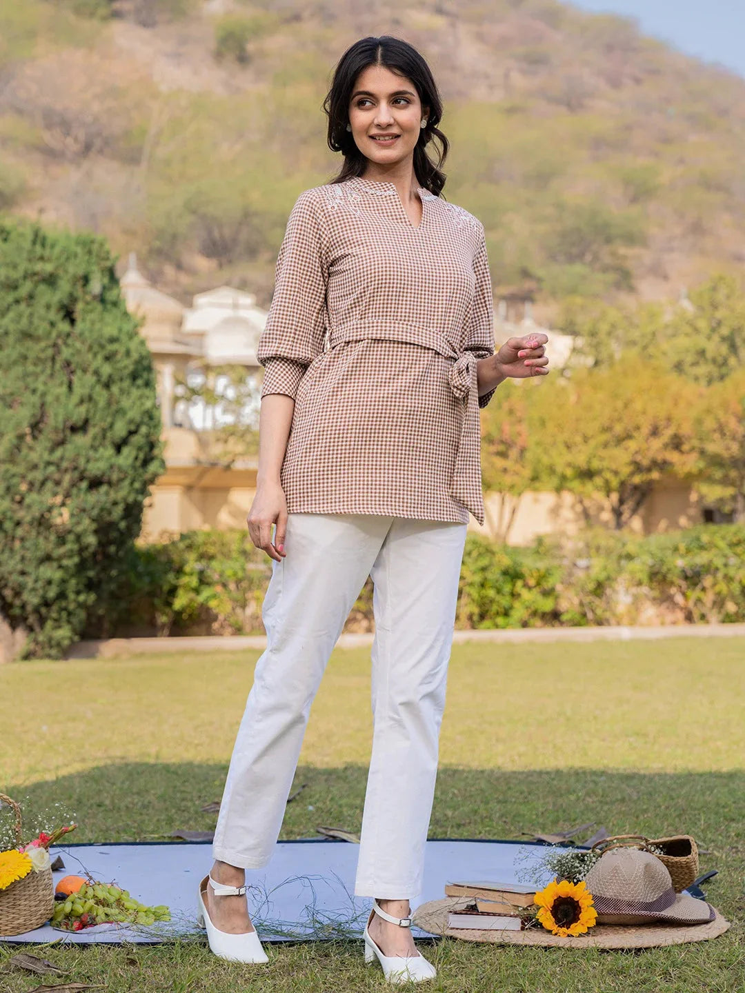 Yufta Brown Cotton Checks Embroidery Top  Grab2Buy Yufta Grab2Buy
