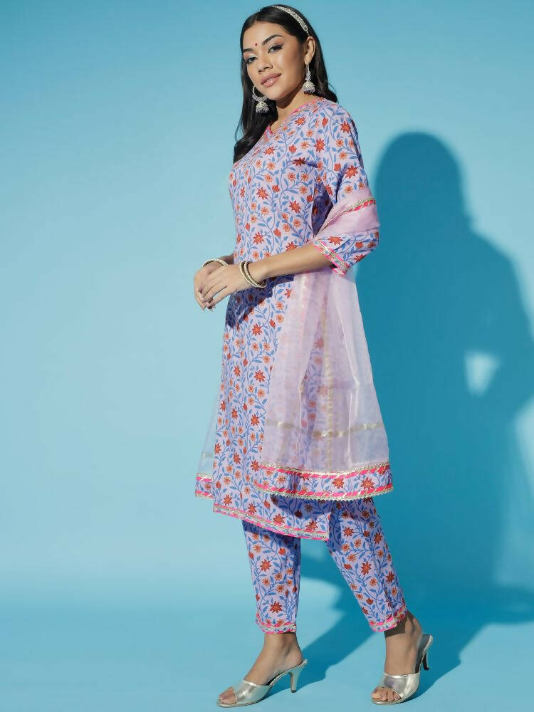 Myshka Women Lavender Printed Kurta & Trousers With Dupatta