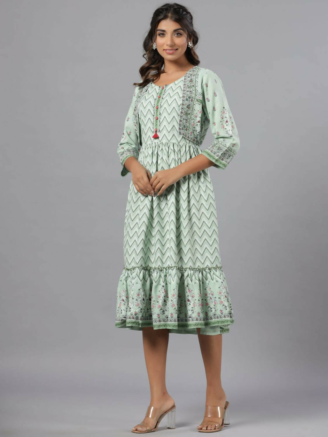 Juniper Women Sage Green Rayon Printed Jacket Style Midi Dress