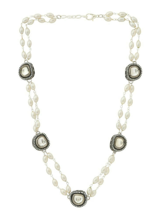 Rhodium Plated Kundan Necklace - Ruby Raang