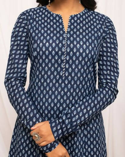 FIORRA Women's Floral Printed Navy Blue Cotton A-Line Kurta 