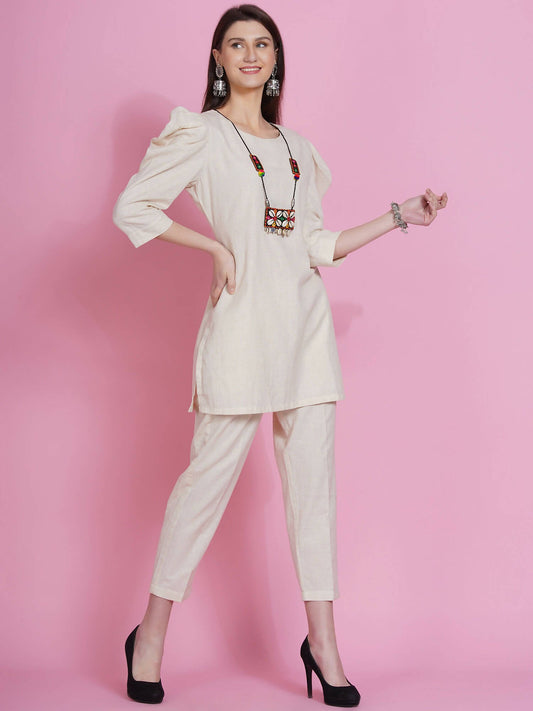 Women Republic Off White Cotton Flex Kurta With Attached Necklace And Pants - Grab2buy