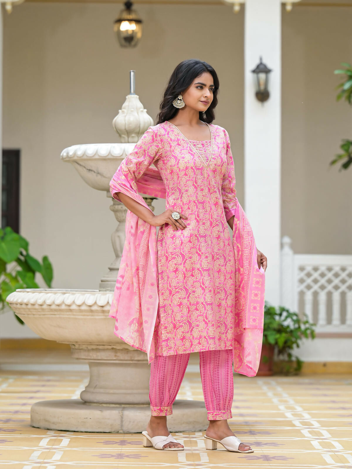Juniper Women's Pink Ethnic Motif Printed Cotton Kurta Pant With Dupatta Set With Sequins & Lace