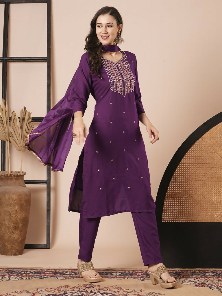 Purple Rayon Slub Embroidery Work Kurta Set - Riya