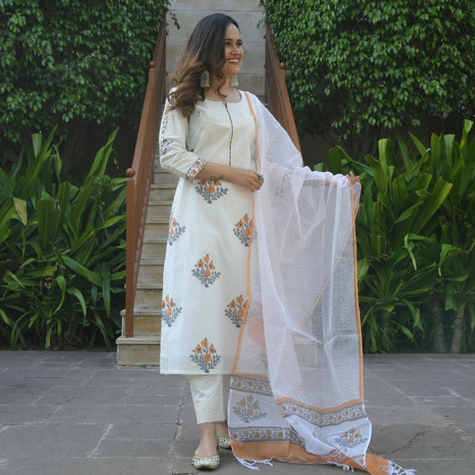 Malishka Women White Cotton Floral Printed Kurta Pant & Dupatta Set - White - Grab2buy