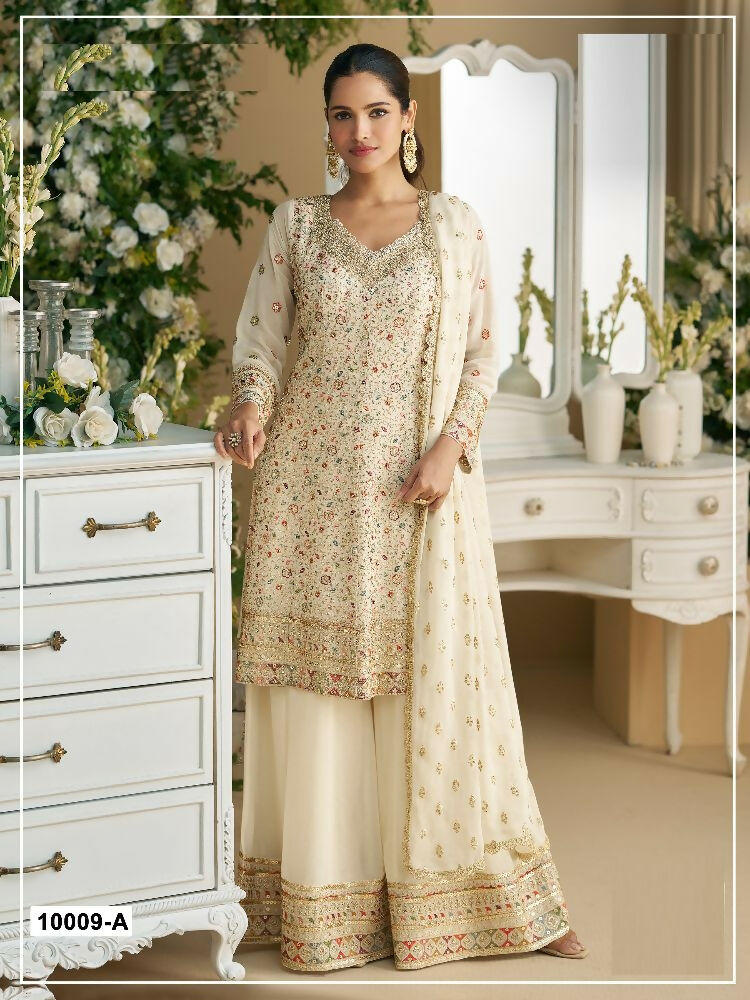 Anaita Off-white Embroderied Faux Georgette Stitched Plazzo Suit