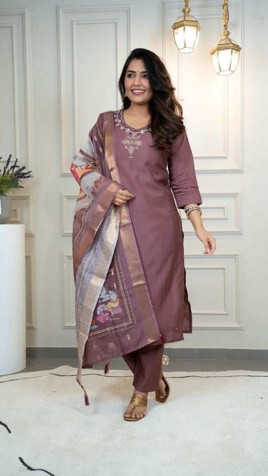 Lorenvalley Fashion Burgundy Roman Silk Hand Work Kurta Pant with Dupatta 