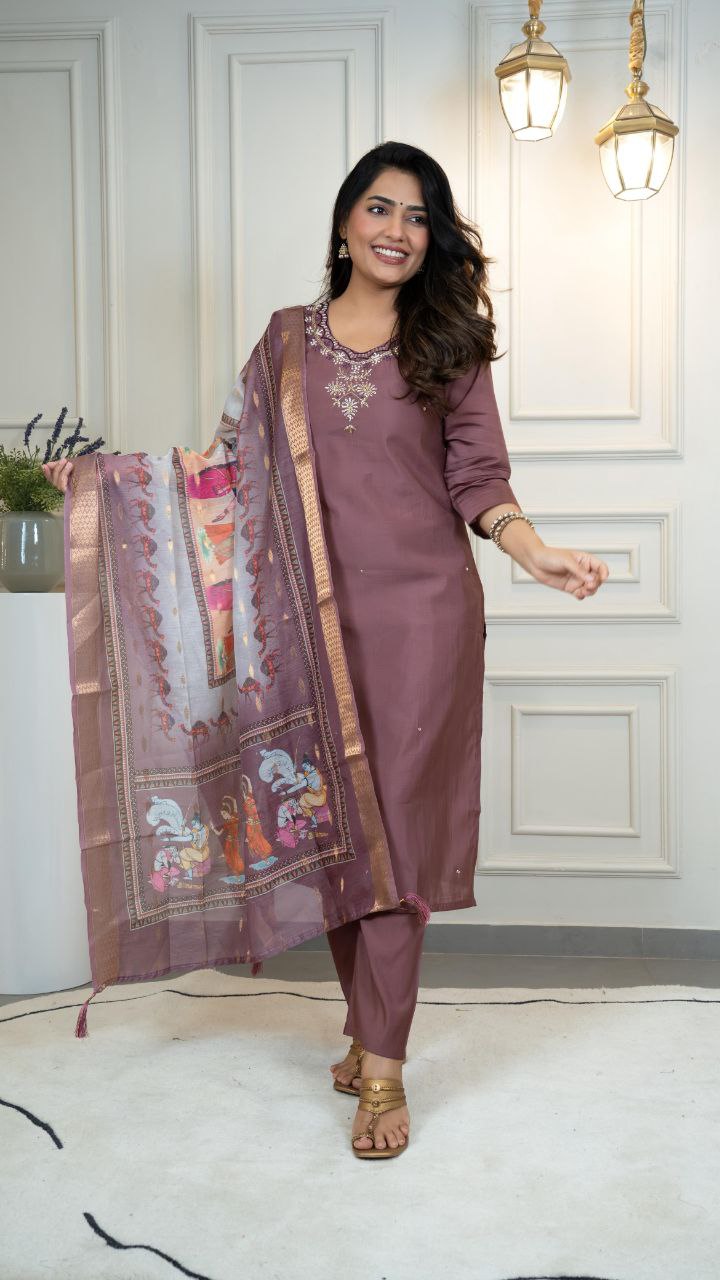 Lorenvalley Fashion Burgundy Roman Silk Hand Work Kurta Pant with Dupatta 