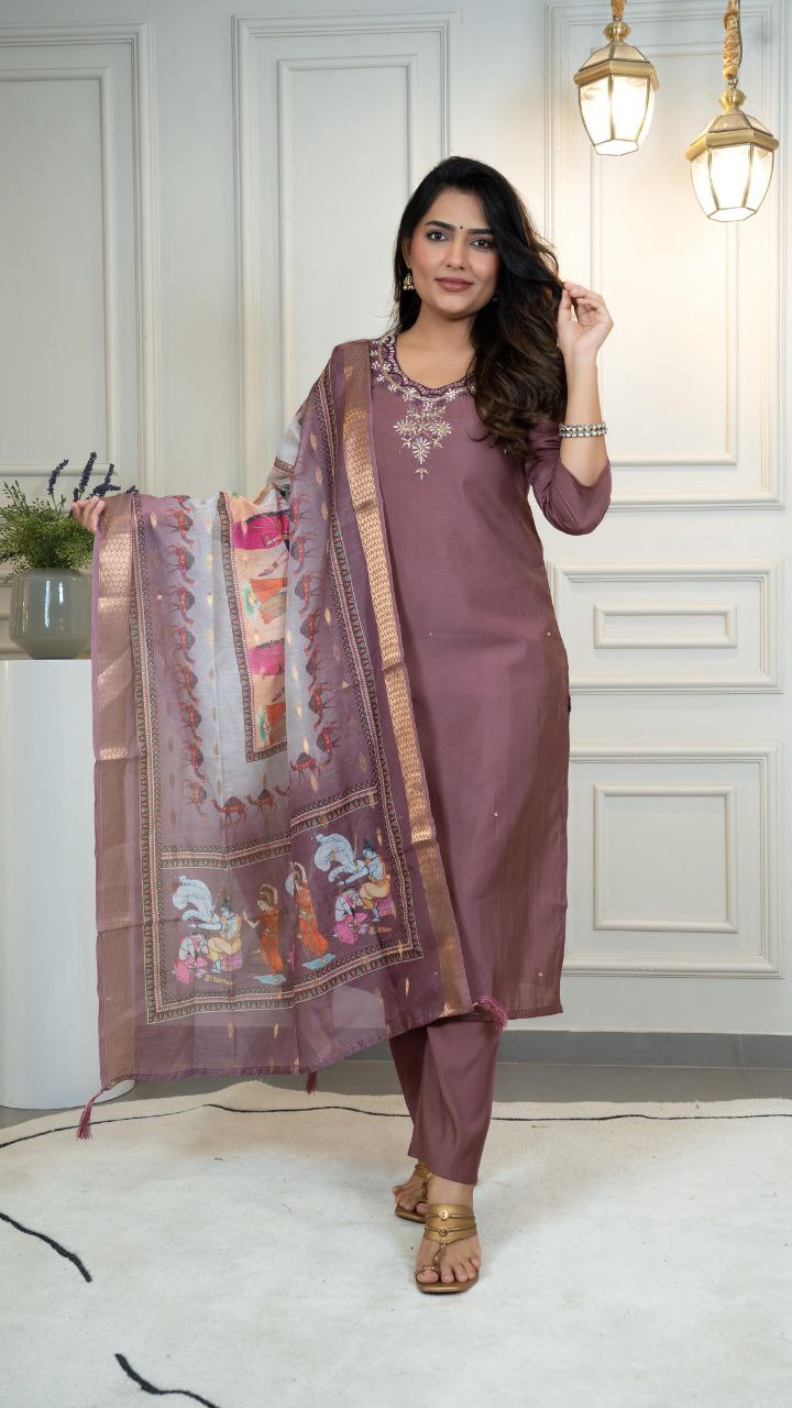 Lorenvalley Fashion Burgundy Roman Silk Hand Work Kurta Pant with Dupatta 