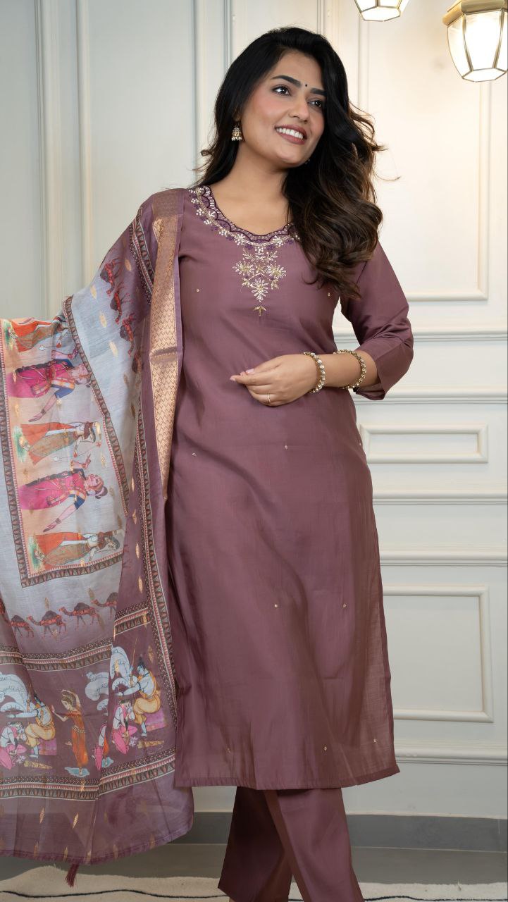 Lorenvalley Fashion Burgundy Roman Silk Hand Work Kurta Pant with Dupatta 